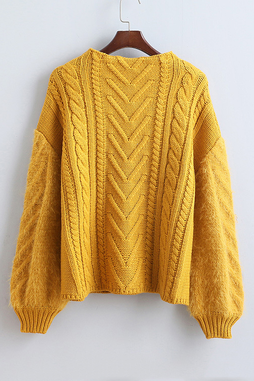 

Stylish Cable Knit Drop Sleeve Round Neck Pullover Sweater, Yellow