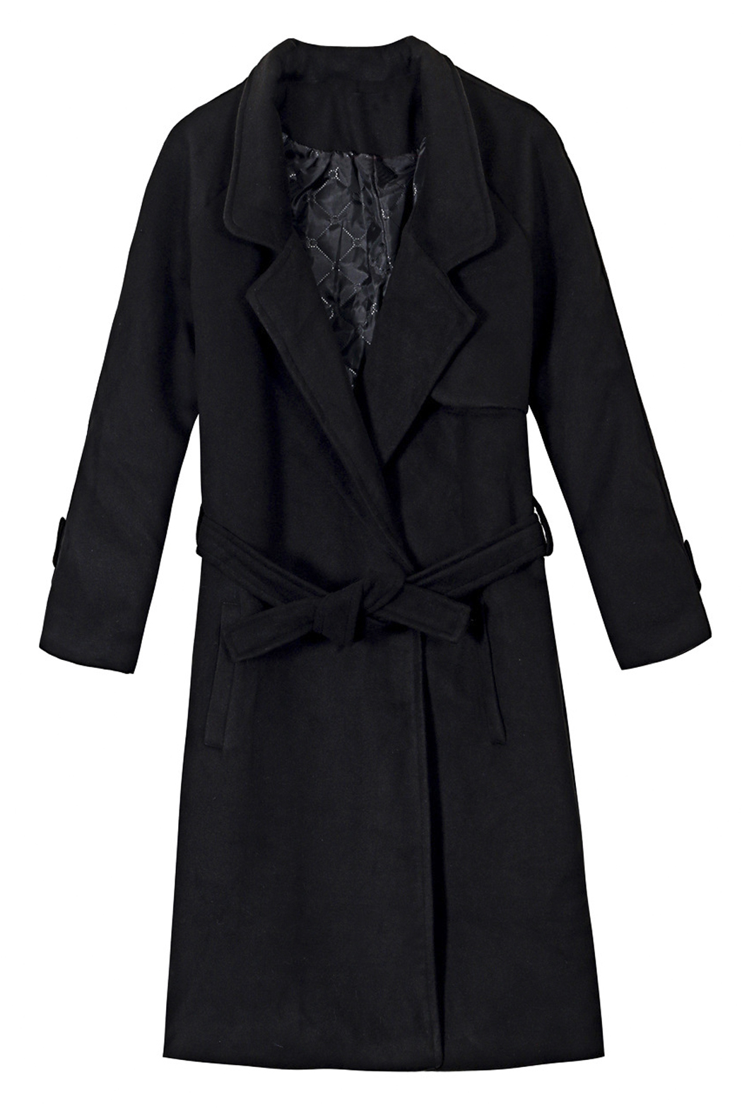 

New Notched Lapel Single Breasted Belt Waist Plain Tunic Coat, Black