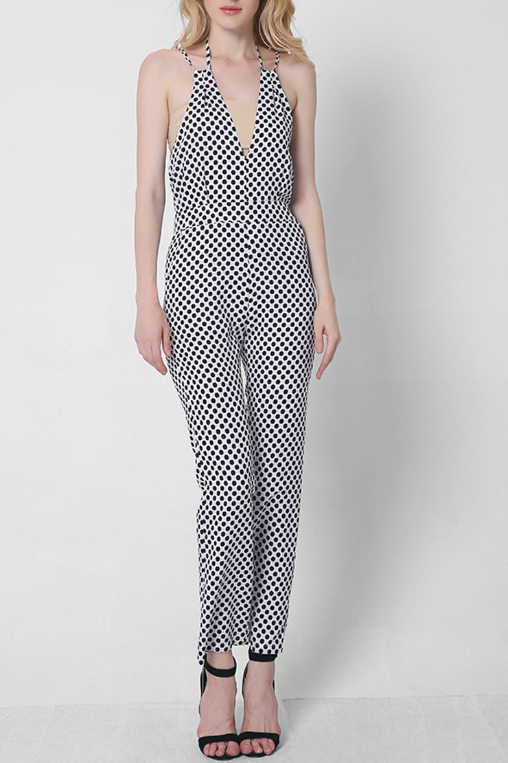 

New Fashion Polka Dot Printed Halter Neck Open Back Casual Jumpsuits, White