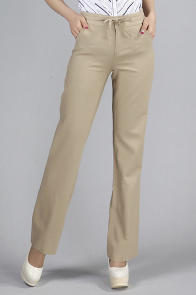 

Women's Ribbons Waist Casual Straight Linen Pants, Beige