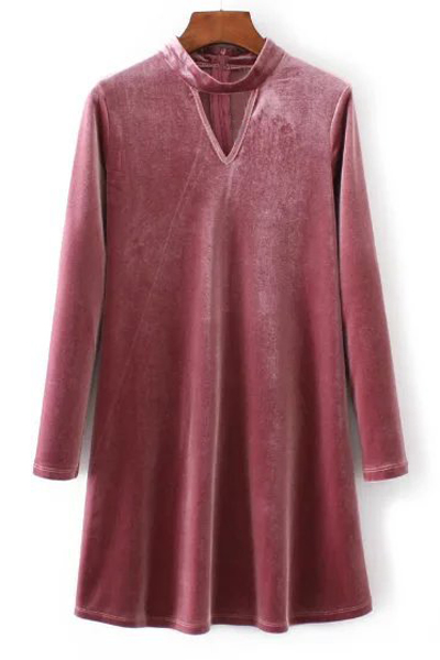 

New Stylish Cutout V-Neck Long Sleeve Plain Velvet A-Line Dress, Pink