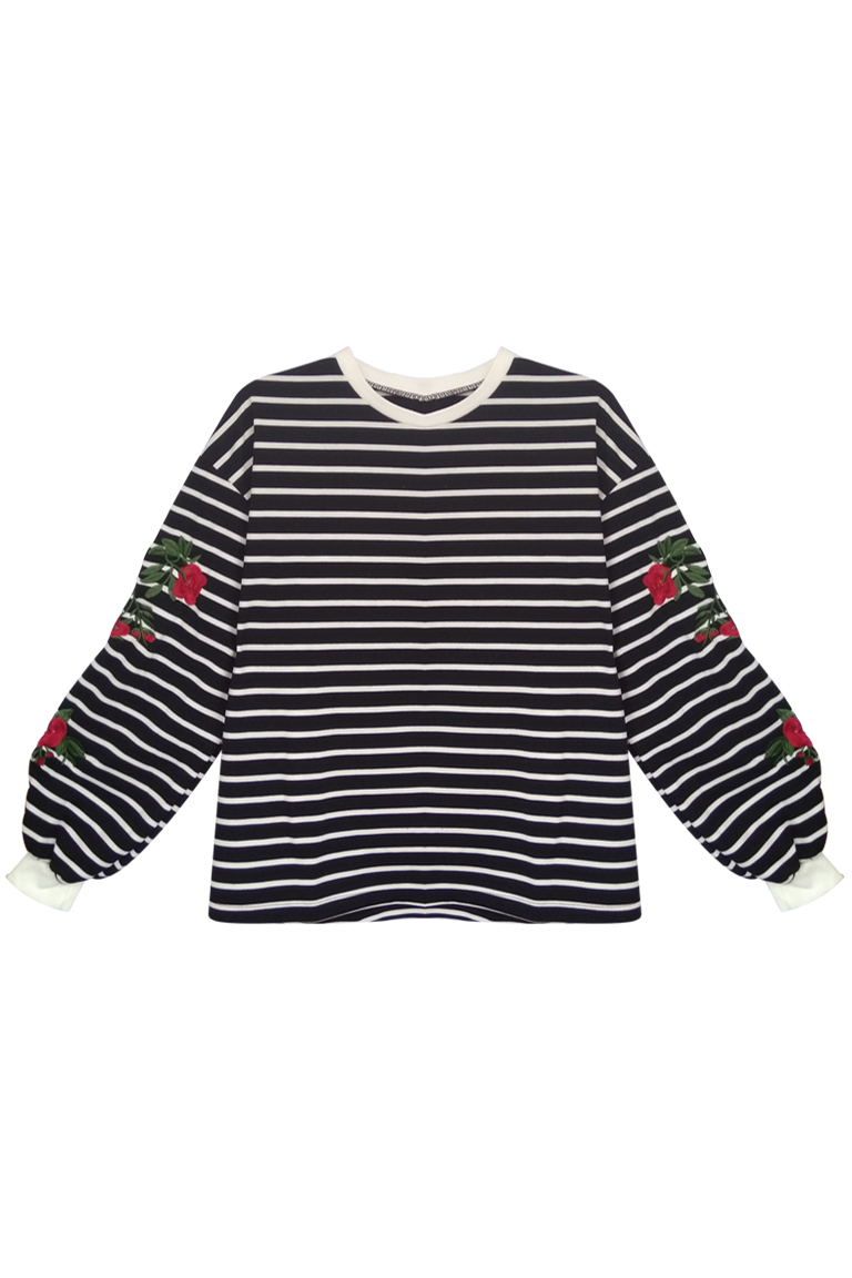 

Striped Printed Floral Embroidered Round Neck Long Sleeve Pullover, Black