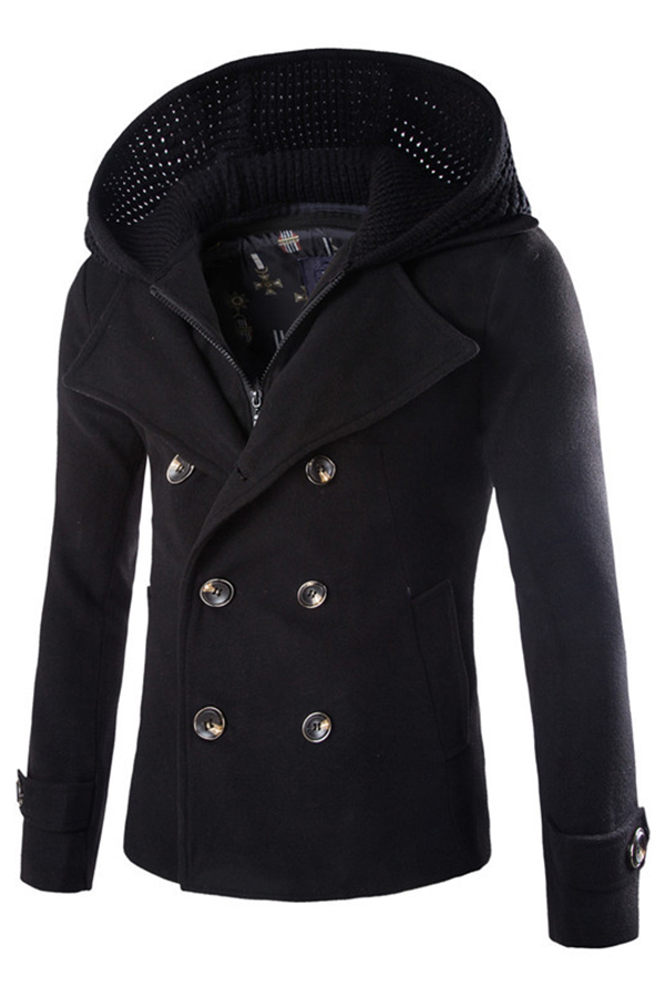 double breasted slim hoodie solid casual long pea coat with belt