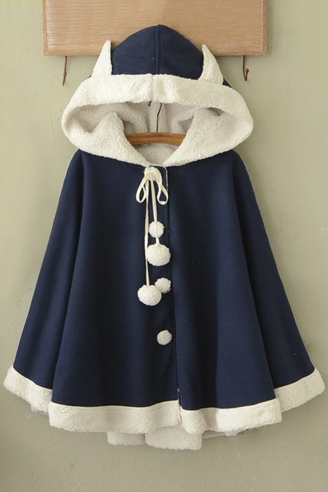 

Women's Single Breasted Cute Rabbit Hooded Asymmetrical Hem Cape Coat, Navy