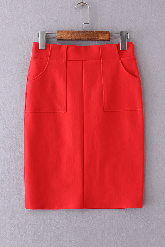 

OL Stylish High Waist Split Back Hem Plain Mini Bodycon Skirt with Two, Red