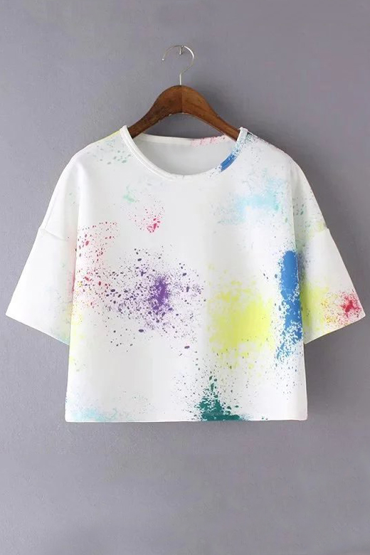 

New Fashion Round Neck Short Sleeve Colorful Graffiti Cropped T-Shirt, White