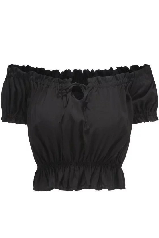 

New Arrival Boat Neck Short Sleeve Plain Elastic Waist Cropped Blouse, Black
