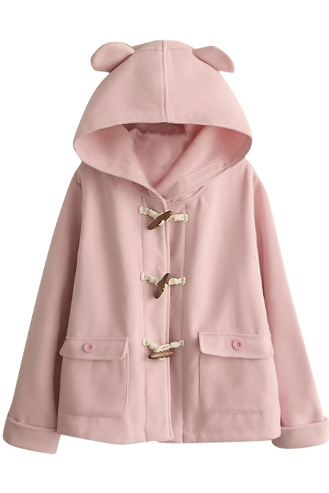 

Cute Hooded Horn Button Plain Loose Tweed Coat, Pink