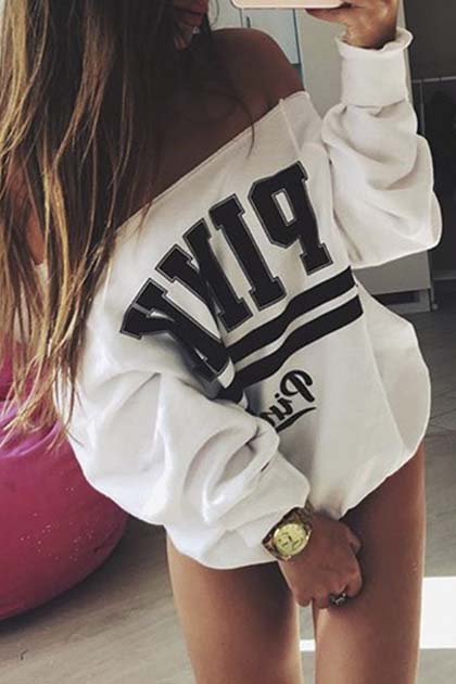 

Sexy Loose Off the Shoulder Letter Print Sweatshirt, White