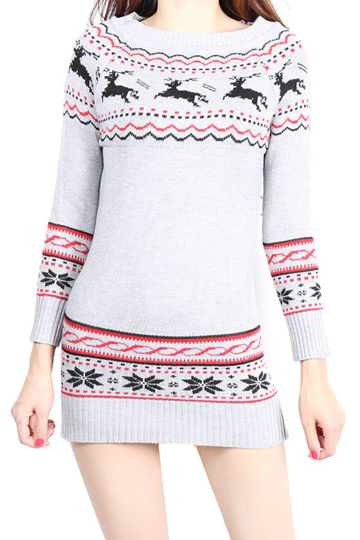 

Snow Deer Print Christmas Tunic Women's Long Sleeve Round Neck Sweater, Gray