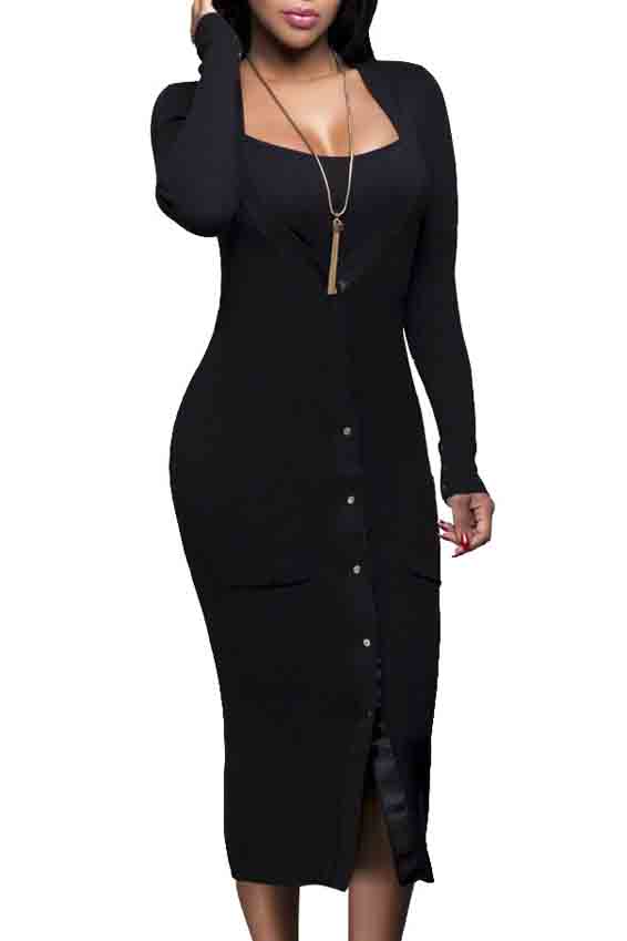 

Fashion Single Breasted Women's Square Neck Long Sleeve Maxi Knit, Black