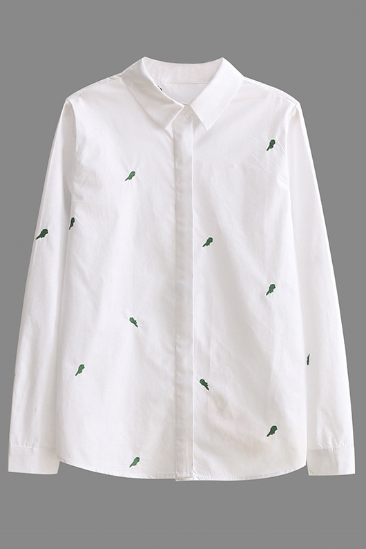 

Casual Lapel Single breasted Embroidery Little Crocodile Pattern, White