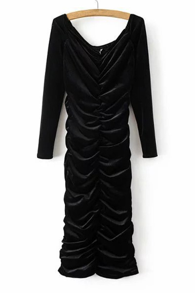 

New Stylish Ruched Off the Shoulder Long Sleeve Plain Velvet Maxi, Black