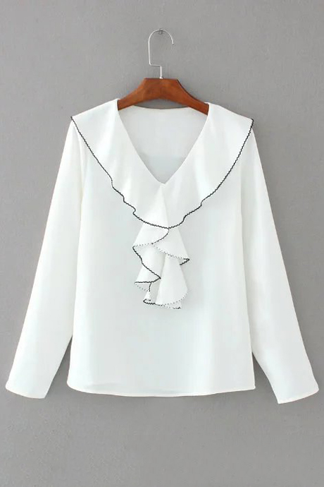 

Simple V-Neck Ruffle Front Long Sleeve Plain Blouse Top, White