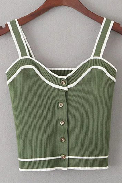 

New Arrival Straps Single Breasted Cropped Knitted Tank, Green