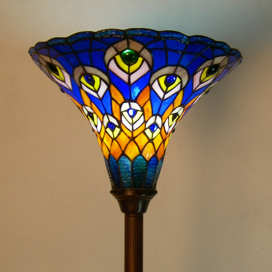 Tiffany Rustic Blue Floor Light Peacock Stained Glass Standing