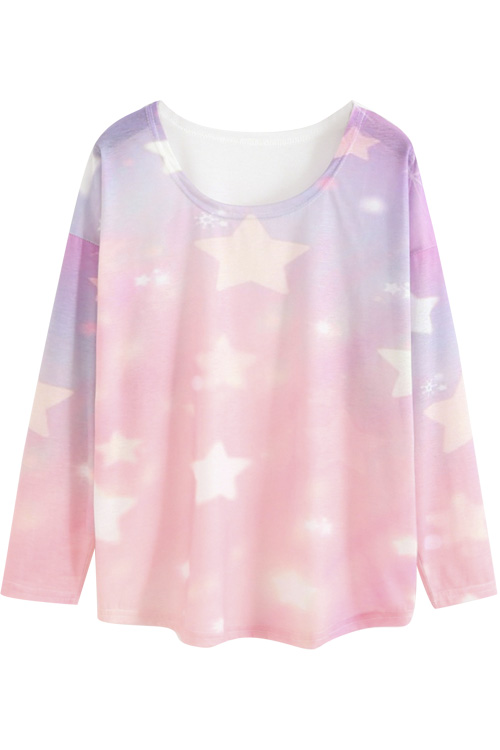 

Round Neck Long Sleeve Star Print Pink Tee