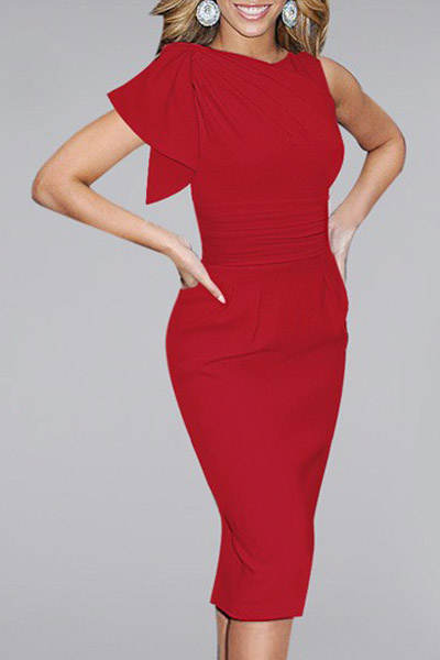 

Fashion Ruffle Sleeve Pleated Waist Solid Color Women's Midi Dress, Red