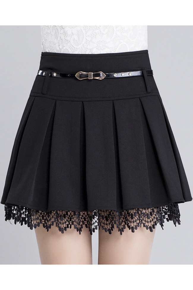 

Women's Fashion Belt Waist Lace Trim A-Line Plain Pleated Mini Skirt, Black