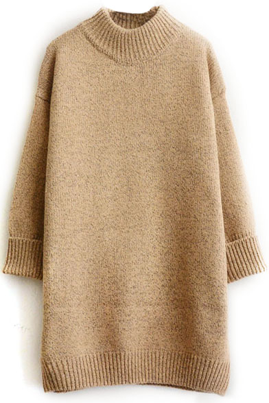 

High neck Plain Turn Up Cuff Thicken Longline Sweater, Khaki
