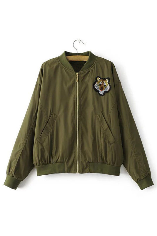 

Embroidery Tiger Pattern Stand-Up Collar Zipper Placket Bomber Jacket, Green