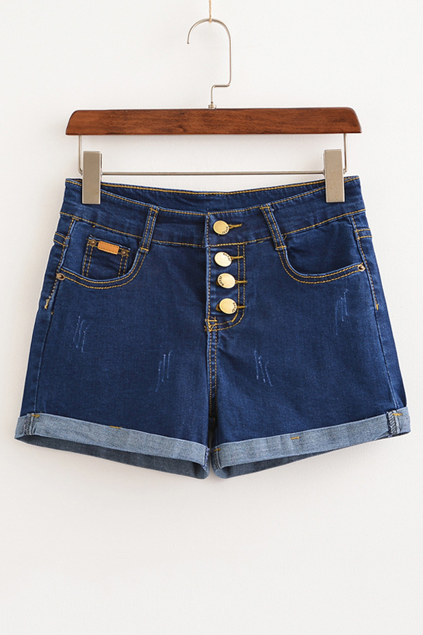 

Women's Single Breasted Mid Waist Rolled Up Cuffs Basic Denim Shorts, Blue