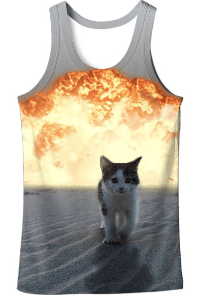 

Round Neck Sleeveless Digital Fire Cat Pattern Boxy Casual Tank Top, Gray