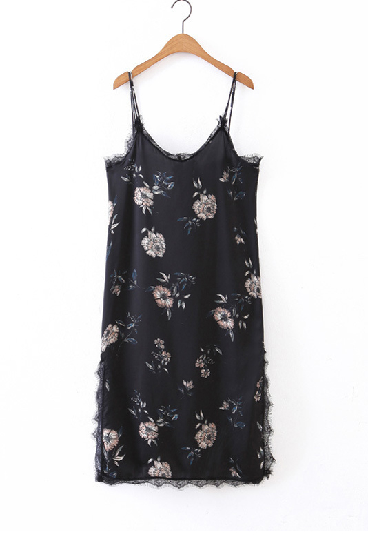 

Spaghetti Straps Lace Patchwork Trim Split Side Floral Printed Cami, Navy