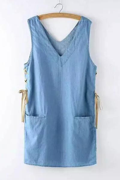 

New Fashion V Neck Sleeveless Lace Up Side Denim Shift Dress with, Blue