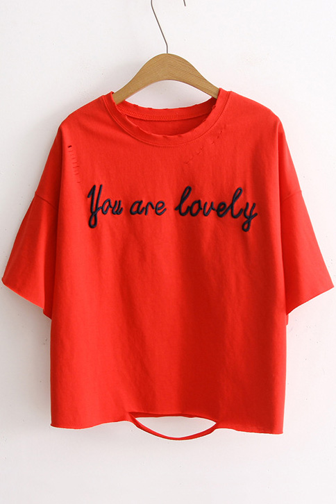 

Summer's Letter Printed Round Neck Short Sleeve Cotton Leisure Tee, Red