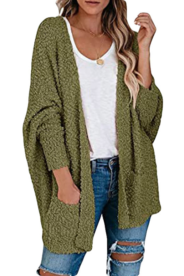 Long Cardigans for Womens Fleece Long Sleeve Coats Solid Color Open Front Outerwear Trendy Fall Tops with Pocket 
