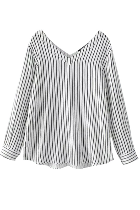 

V-Neck Both Front And Back Vertical Stripes Long Sleeve Blouse, White