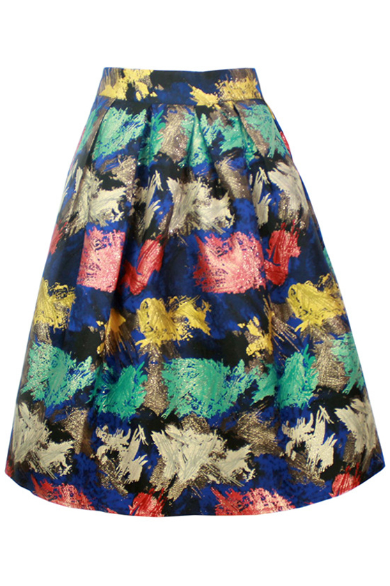 

Women's High Waist Print Floral Pleated Skirt Midi Skater Skirt One, Blue