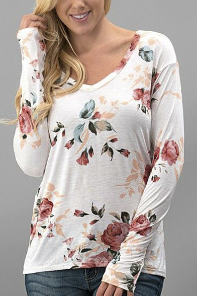 

Women's V-Neck Long Sleeve Floral Print Sexy Slim Tee, White