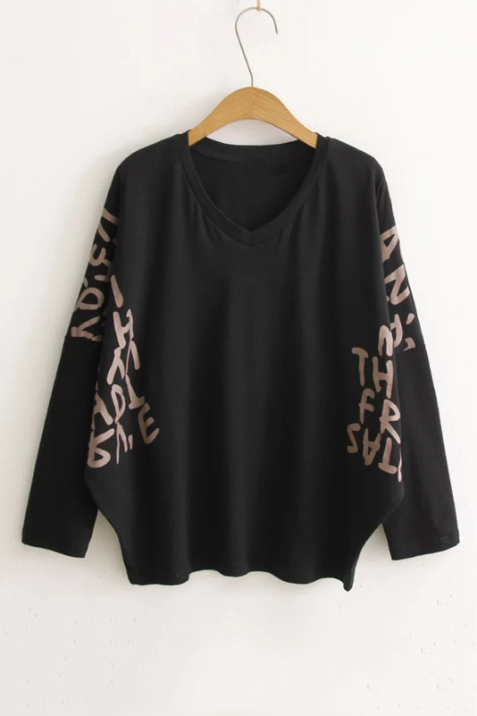 

Women's V-Neck Batwing Long Sleeve Letter Printed T-Shirt, Black