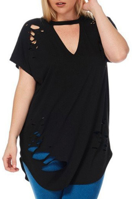 

Chic Cutout V-Neck Short Sleeve Hollow Plain Tunic Tee, Black