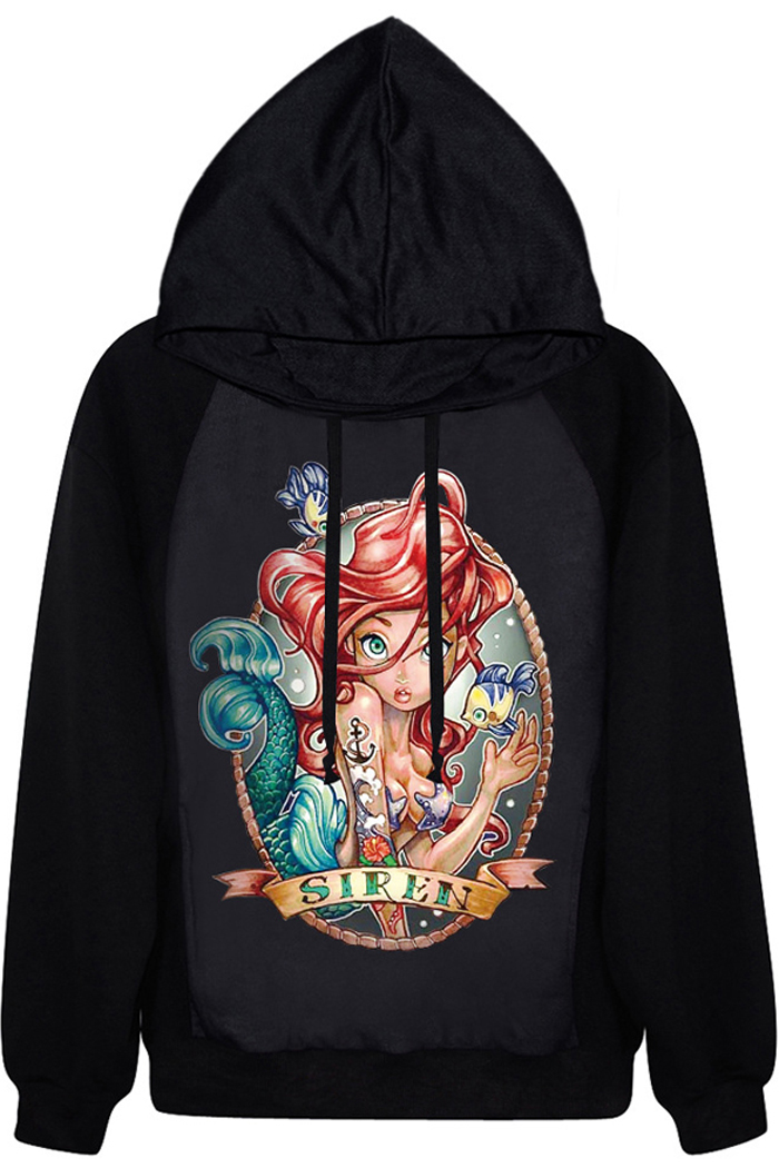 

Tiny Mermaid Print Black Hoodie