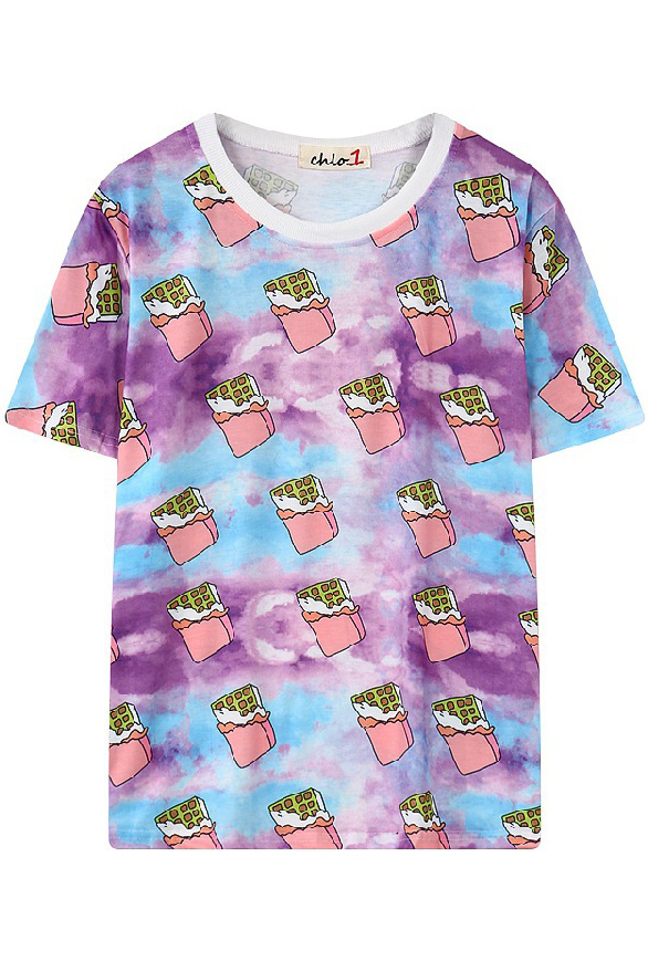 

Cartoon Ice-Cream Print Round Neck Short Sleeve T-Shirt, Purple