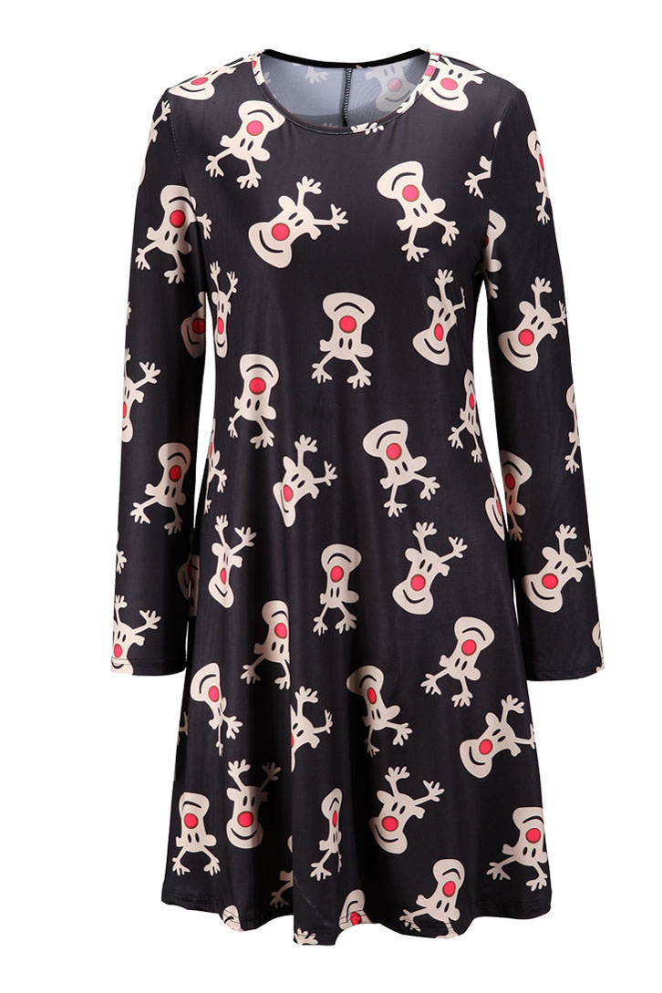 

Black Deer Christmas Print Long Sleeve Midi Round Neck Dress