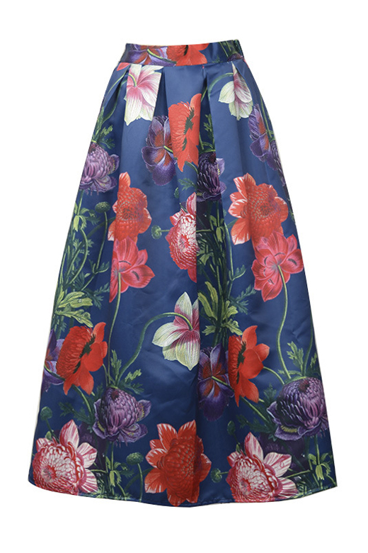 

Floral Printed OL Maxi Skirt for Women High Waist, Blue