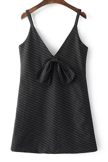 

Sexy Straps V-Neck Sleeveless Embellished Bow Striped Mini Cami Dress, Black