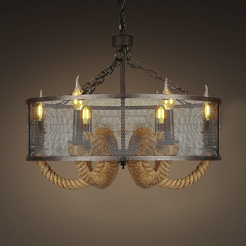 

Industrial Six Light Rope Chandelier with Iron Mesh Shade