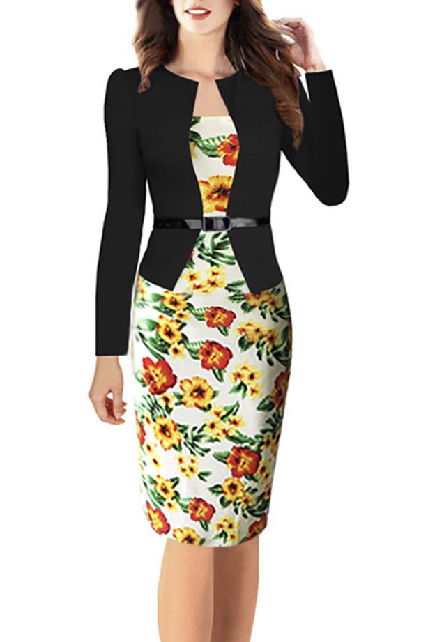 

Elegant Women's Colorblock Business Pencil Dress, Yellow