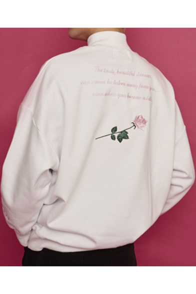 

High Neck Long Sleeve Letter Floral Embroidered Casual Leisure, White