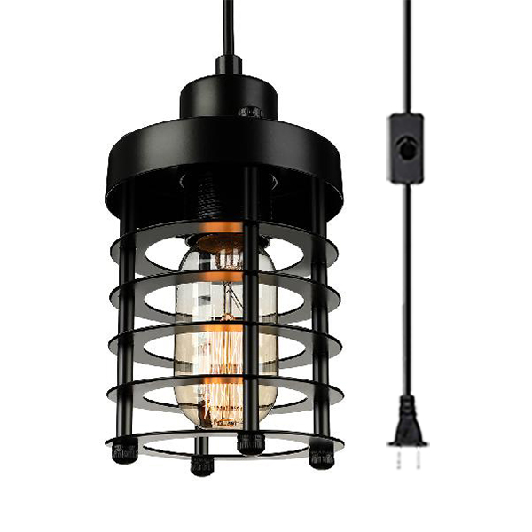 Antique Style Black Ceiling Light Cylinder Shape 1 Light Metal Plug In
