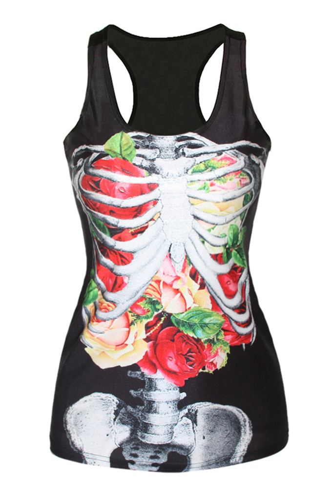 

Flower&Skull Print Unique Tanks, Black