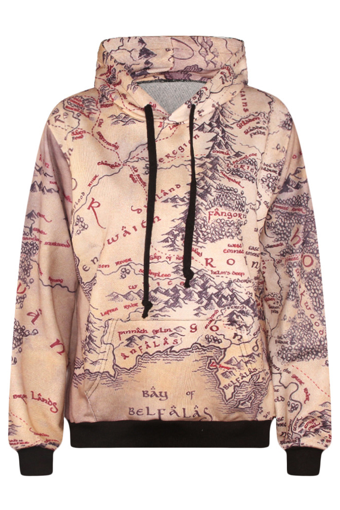 

Map Print Hooded Long Sleeve Khaki Sweatshirt