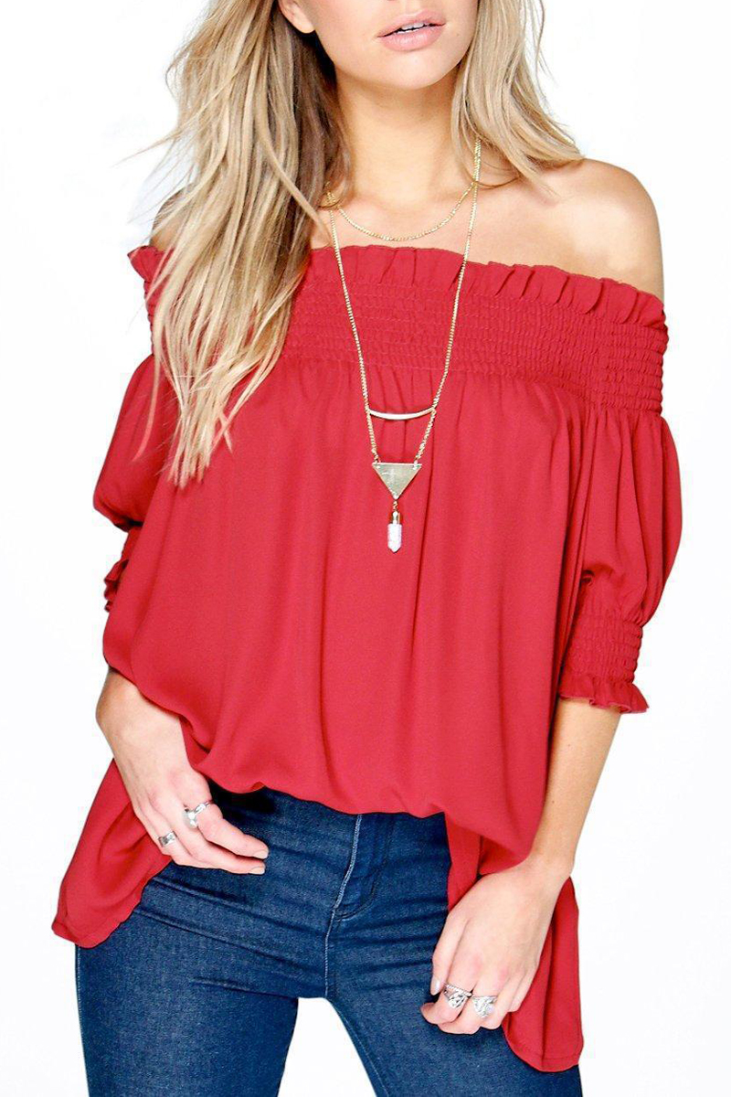 

Women's Fashion Off Shoulder Tops Haft Sleeve Blouses Causal T-shirts, Red