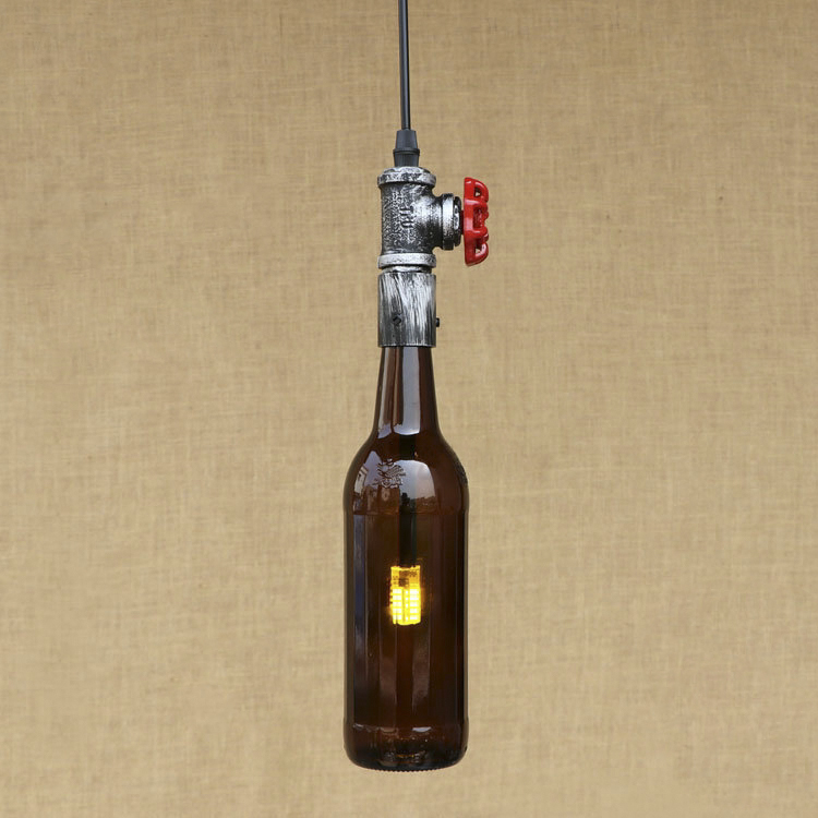 

Rustic Pipe Style Indoor Hanging Lamp with Brown Bottle Shade