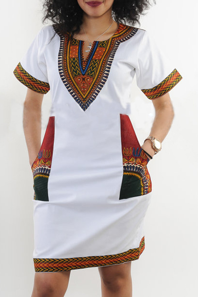 

Women's African Vintage Floral Dashiki Tribal Short Dress, White